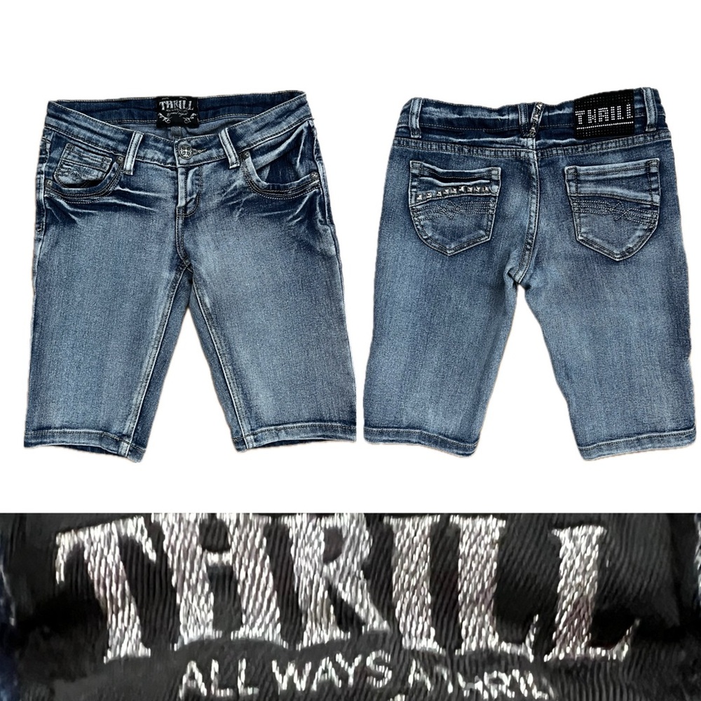 💠 THRILL Sz 3 Low Rise Long Jean Shorts/Jorts Rivets by 10.75” Inseam/6.5” Rise